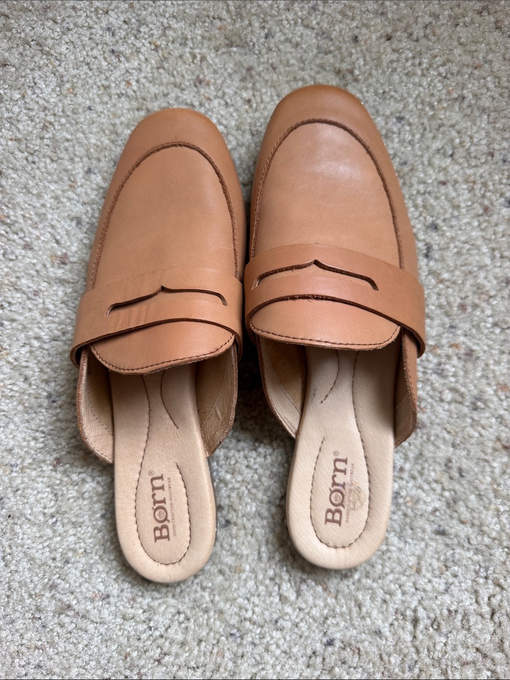 Born Tan Leather Penny Strap Mule